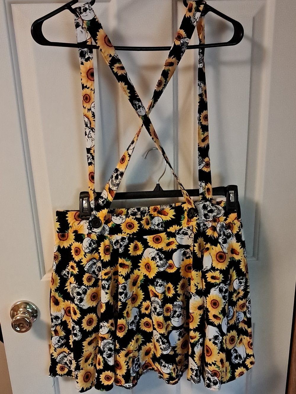 Sunflower Skull Print Suspender Skirt - Black & Yellow